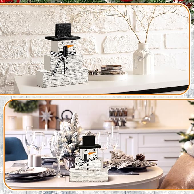 Geelin 4 Pcs Snowman Decor Winter Table Decorations Christmas Tiered Tray Decor Winter Centerpiece Decorations Indoor Rustic Wooden Snowman Block Sign Gift for Home Table Kitchen Shelf