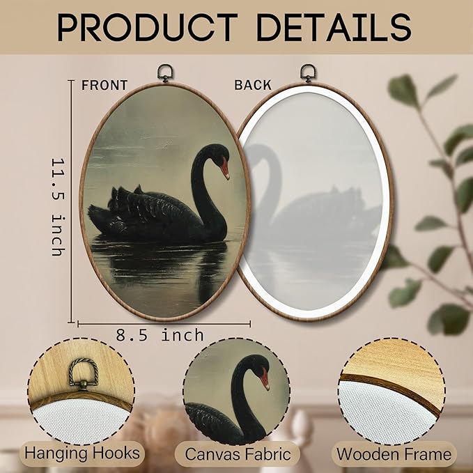 Yorhifa Vintage Black Swan Framed Wall Art, Antique Black Swan Oval Wall Art, Rustic Elegant Animal Oval Walls Decor, Retro Moody Canvas Artwork Hanging Decor, 8.5x11.5in