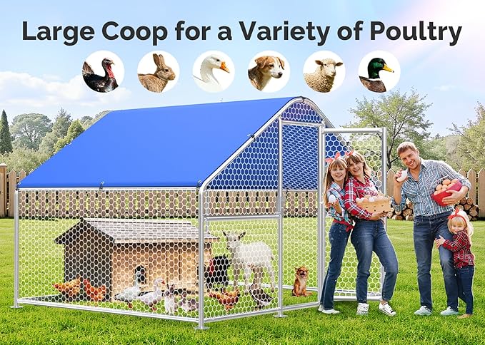 Large Metal Chicken Coop with Hexagonal Chicken Wire, Chicken Coop Run Pen for Yard with Waterproof Cover, Outdoor Large Walk-in Chicken Coops for 8 Chickens Duck Pen House Cage Run