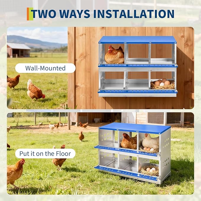 Heavy Duty Metal Chicken Nesting Box – 6 Compartments, Breathable Holes, Resting Platform, Rollaway Design, Wall Mounted/Floor, Rustproof, Easy Clean, Blue, 96×48×71cm, Without Cover
