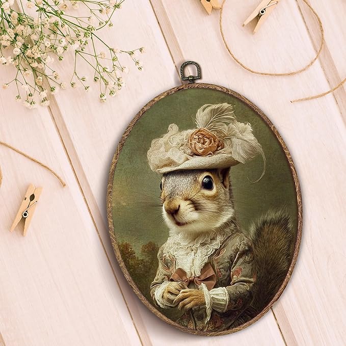 Hxlac Vintage Whimsical Squirrel Oval Wall Art Framed, Renaissance Style Squirrel Oval Wall Decor, Moody Animal Canvas Prints Wall Sculptures for Home Bedroom Living Room Gallery Decor, 8.5x11.5 Inch