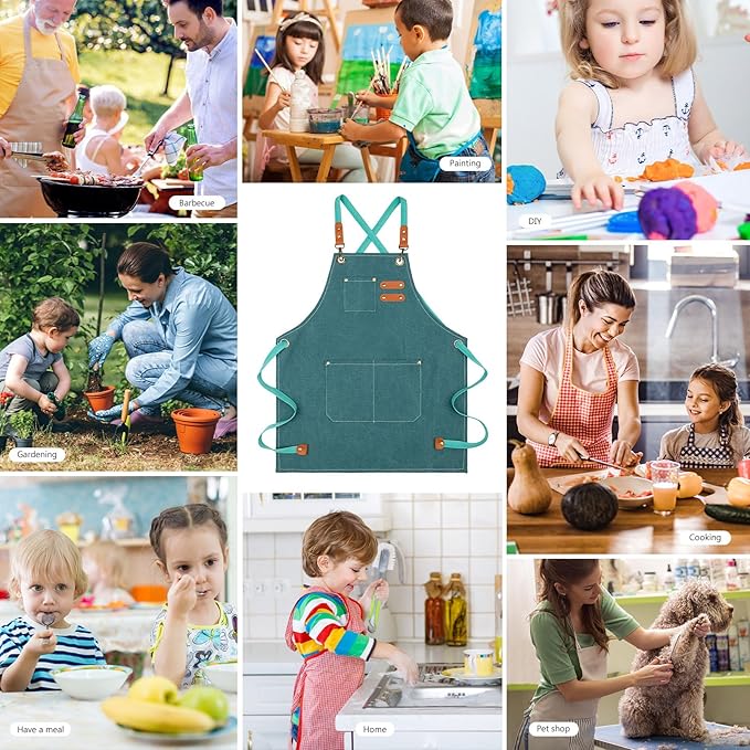 Unisex Aprons with Large Pockets,Cotton Canvas Cross Back Heavy Duty Adjustable Work Apron,Size Kids to Adult