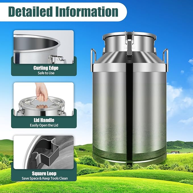 Commercial 60L (15.85 Gal) Stainless Steel Milk Can - Airtight Anti-Leak Storage Container for Raw Milk, Brewing, Wine, Water - Heavy Duty Utility Pail for Farm, Dairy, Cheese Making