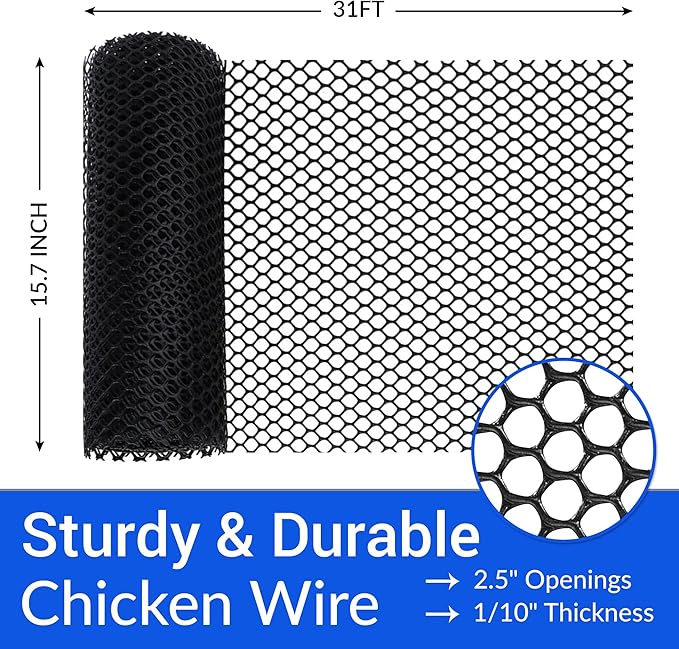 Plastic Wire Mesh Fence 15.7" x 31 ft – Chicken Wire Fencing for Dogs, Rabbits & Poultry – Snake Barrier & Fence for Balcony – Includes 10 Pegs & 15 Zip Ties – Durable, Weatherproof & Easy to Install