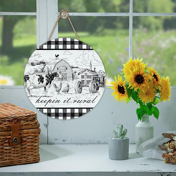 Farm Animals Keeping It Rural Front Door Sign, Farmhouse Cow Chicken Tractor Country Barn Wood Plaque Hanger Home Decor, Rustic Plaid Wooden Wreath Wall Hanging Decoration Gifts for Farmers