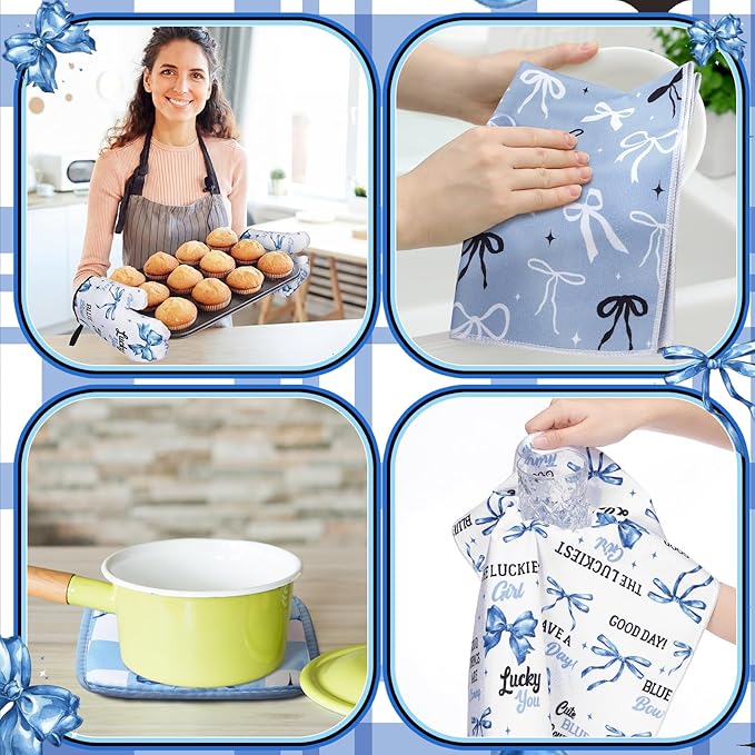 10 Pcs Blue Bow Kitchen Decor Set Dish Towels Kitchen Rugs Oven Mitts and Pot Holders for Cooking Baking Grilling Women Mom Gift