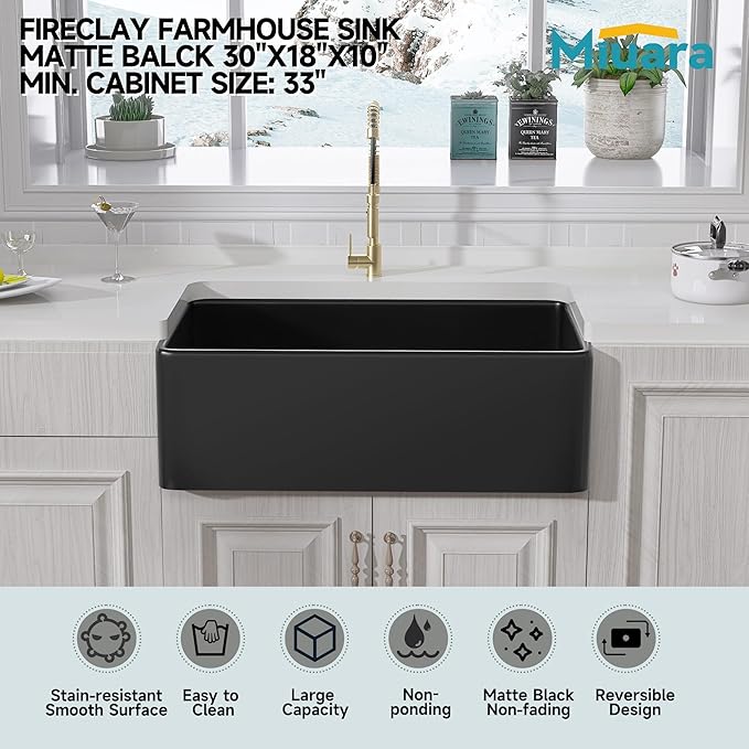 Miuara Black Farmhouse Sink 30 Inch - Apron Front Undermount Kitchen Sink Reversible 30"x18"x10", Farm House Style Single Bowl, Heavy Duty Solid Fireclay, Matte Black, for Kitchen