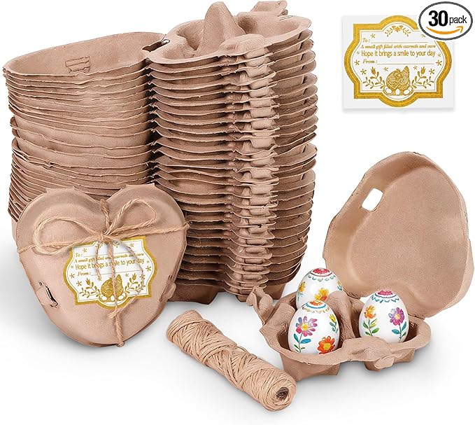 30PCS Heart Shaped Egg Carton, Heart Egg Cartons, 3 Count Natural Paper Pulp Easter Eggs Cartons with Jute Rope, Reusable Cardboard Storage Baskets for Easter Holiday Gifts