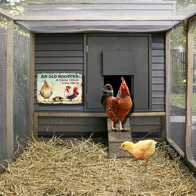 Funny Chicken Metal Sign Outdoor, Aluminum Farmhouse Wall Decor for Coop Door or Yard Area, Fluffy Humor Country Living Style, Rustic 8x12 Inch Gift