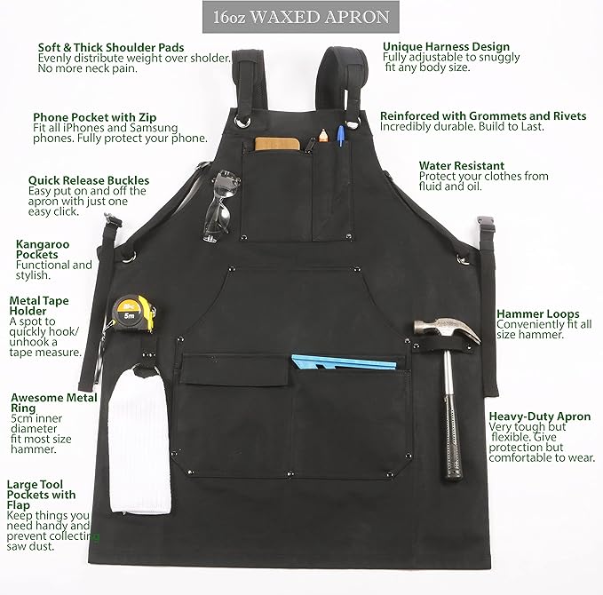 ecoZen Lifestyle Men's Carpenter Apron - Heavy Duty Waxed Canvas Workshop & Woodworking Tool - Fully Adjustable S-XXXL - Woodworking Tools - Aprons for Men