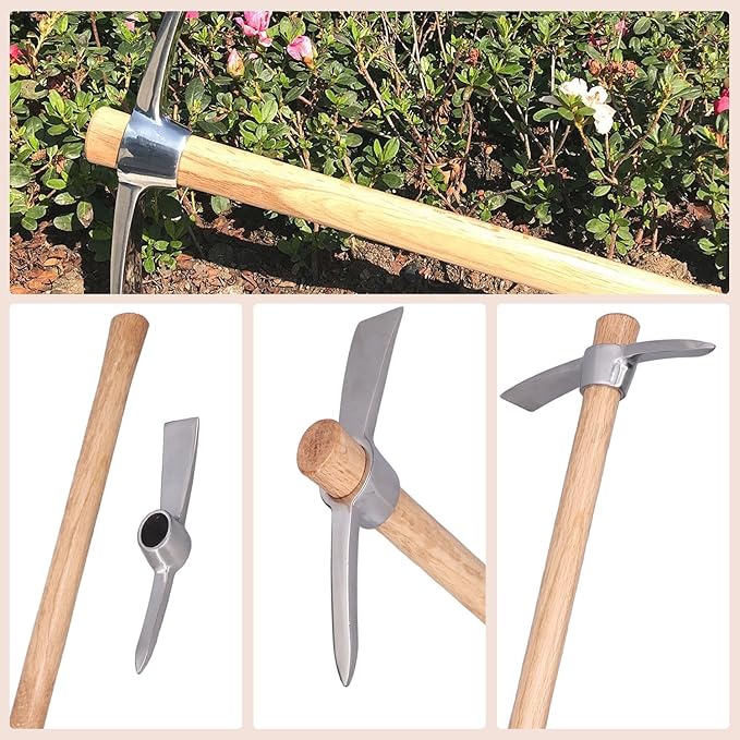 15.7in Hand Cultivator & Hoe Tool - Dual Head Stainless Steel Garden Pickaxe for Weeding, Digging, Planting - Ergonomic Wooden Handle for Farming, Landscaping, Bonsai Care