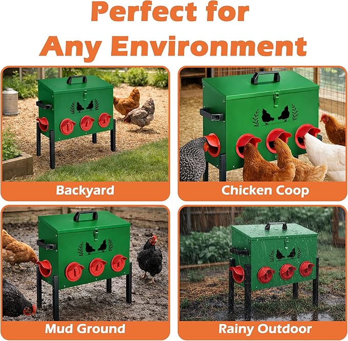 Large Capacity Automatic Chicken Feeder, 8 Port Chicken Feeder, 48LB Metal Chicken Feeders with Locking Lid & Adjustable Legs, No Waste Chicken Feeder, Green