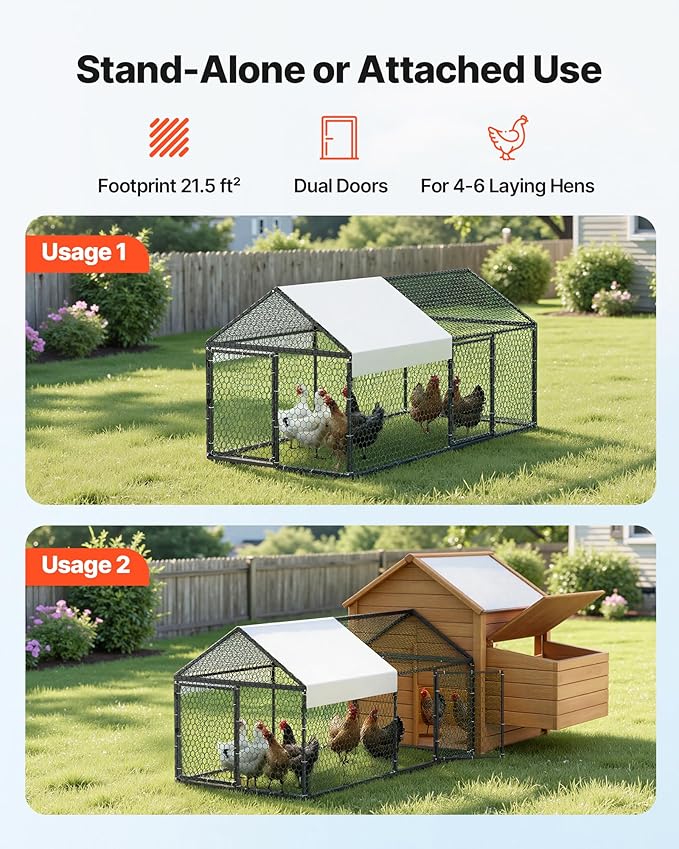 VEVOR Metal Chicken Coop for 4-6 Chickens, 3.3 x 6.6 x 3.3 ft, Small Chicken Cage with Waterproof Cover & Double Doors, Spire Roof Poultry Run Compatible with Wooden Coops, for Rabbit Hen Goose Duck
