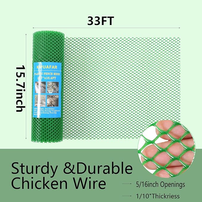 Pet Proof Barrier Net, Green Plastic Chicken Wire Mesh Fencing 15.7IN x 33FT, Balcony Cat Safety Net & Garden Snake Barrier, Heavy Duty Protection for Chicken Coops, Rabbit Hutches, Dog Kennels