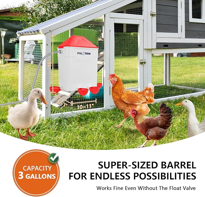 3 Gallon Automatic Chicken Waterer for Hands-Free Hydration, Float-Controlled Chicken Watering System with Leak-Proof Design, 2.75" Cups for All Poultry, 60" Hose for 3/4" Connections