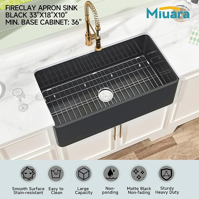 Miuara Black Farmhouse Sink 33 Inch - Large Apron Front Kitchen Sink Single Bowl 33"x18"x10", Undermount Installation, Farm House Style, Heavy Duty Solid Fireclay, Matte Black, for Kitchen