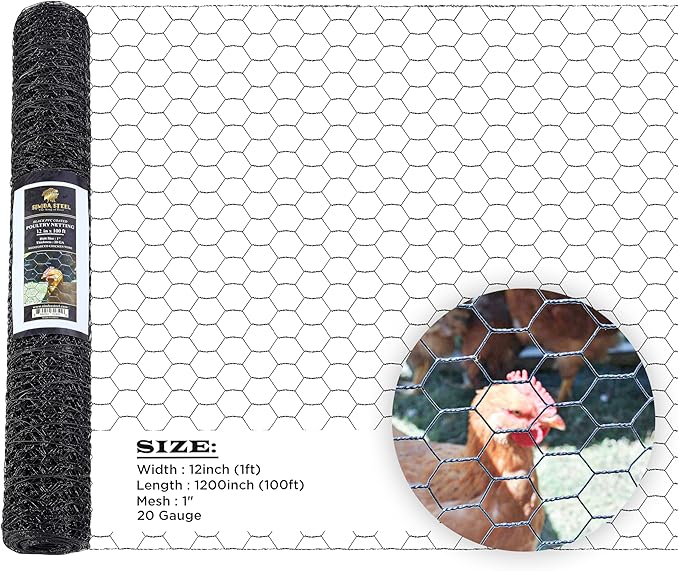 12” x 100 FT PVC Hexagonal Poultry Netting Chicken Wire | 1" Mesh | 20 Gauge | Black PVC Vinyl Coated | Rust Proof | for Garden, Fence, Chicken, Rabbit (PVC 12 x 100)