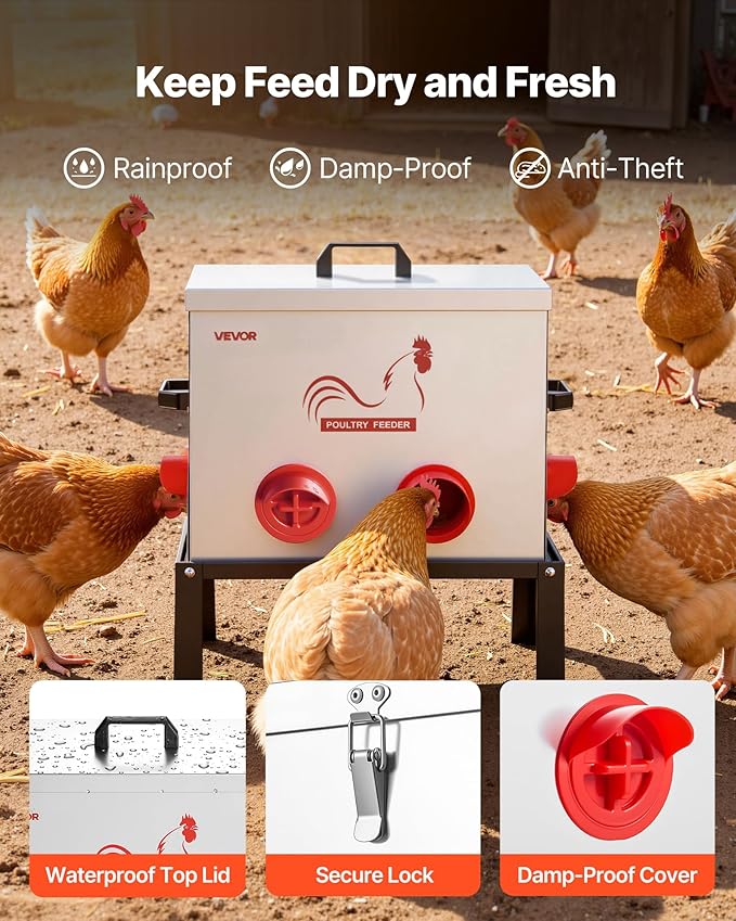 VEVOR Automatic Chicken Feeder, 40 lbs Capacity, 6 Feeding Ports No-Waste Poultry Feeder with Built-in Divider, with Latch & Handle, Metal Construction, for Chickens Bantams Pheasants Poultry Coop