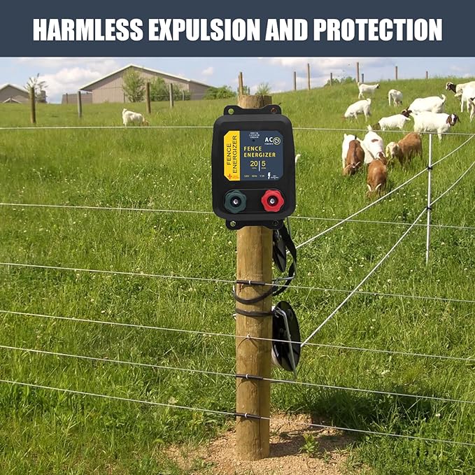 Electric Fence Energizer 5 Miles/ 20 Acres AC Powered 120 Volt, Plug-in Electric Fence Charger Output 0.2 Joule for Preventing Raccoons, Livestock, Squirrels, Chicken Coops, Skunks intruding