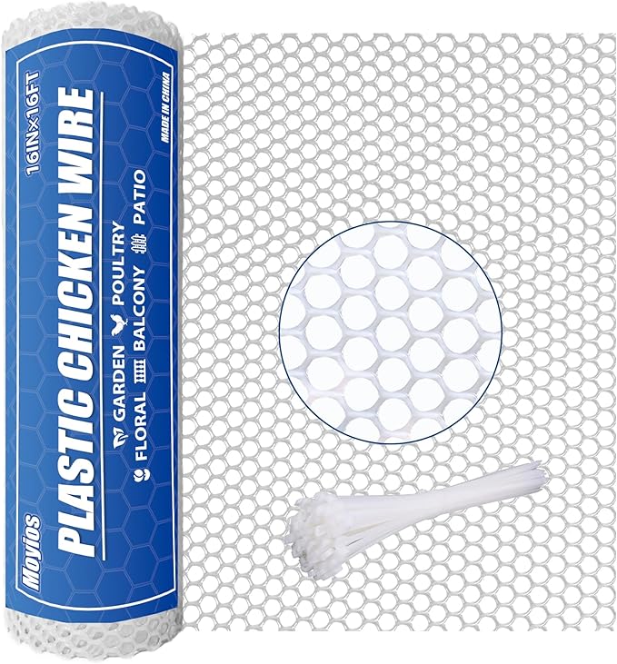 Heavy-Duty 16 inx16.4 ft White Plastic Chicken Wire Mesh, 300GSM Garden Fence with 30 Zip Ties - Flexible Poultry Netting for Balcony Barrier & DIY Crafts