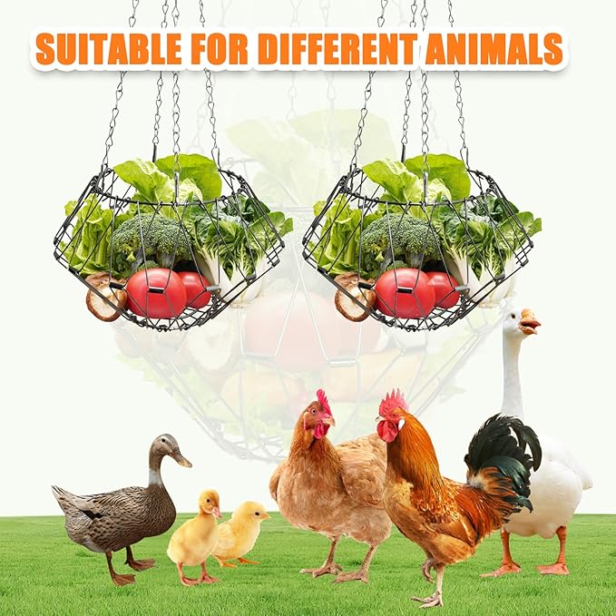 2 Pack Hanging Chicken Feeder Accessories,9.25IN Large Foldable Chicken Vegetable Treat Holder Basket,Sturdy Hanging Poultry Feeder Cabbage Bowl Sack with 4Pcs 20inches Hanging Chain for Chicken Coop
