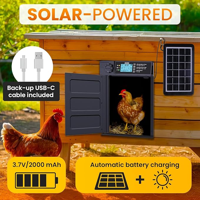 Automatic Chicken Coop Door PRO - Light Sensor & Timer - Anti-Pinch Function - Wide Opening - New Model - Solar Powered with LCD Display - 5 Year Protection