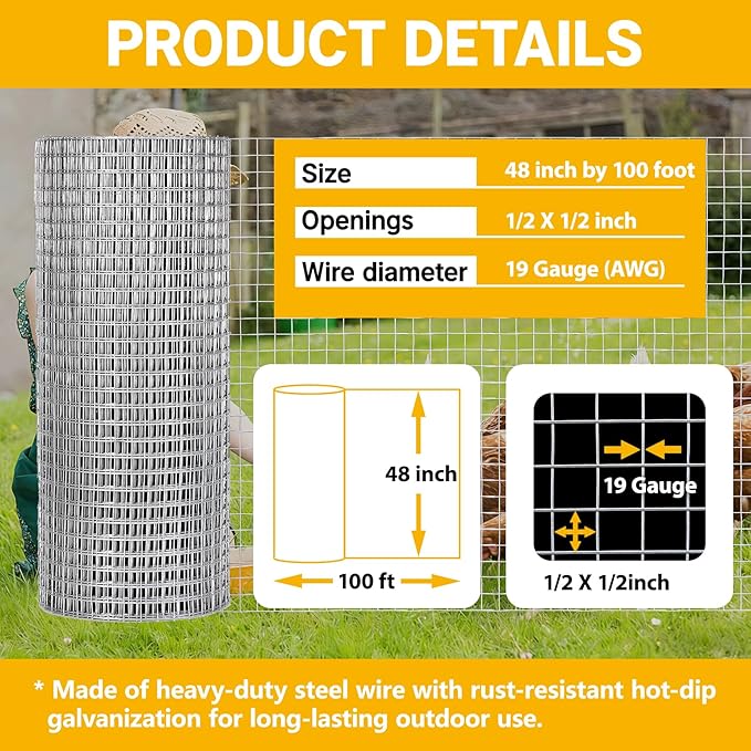 48in x 100ft Hardware Cloth Chicken Wire -1/2 Inch 19 Gauge Hot Dipped Galvanized After Welding Welded Wire Mesh, Rust-Proof Fencing for Gardens, Chicken Coops & Poultry Netting