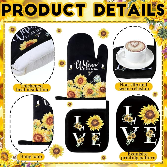 10 Pcs Sunflower Kitchen Dish Towels Rugs Oven Mitts and Pot Holders Set Farmhouse Kitchen Decor Set for Women Mom Daughter Gift Cooking Baking Grilling (Bright Black Yellow)