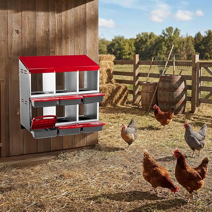 Metal Chicken Nesting Box, 6 Compartments Wall Mount Hen Laying Box with Roll Away Egg Collection & Swing Perch for Chicken Coop (Red)