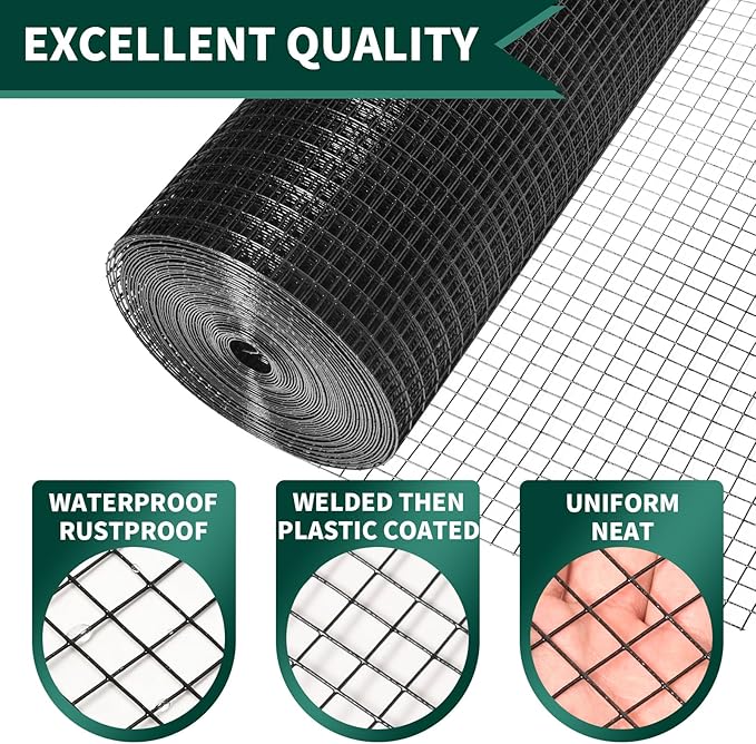 1/2 Inch Hardware Cloth 16"x50 FT - Black Vinyl Coated Chicken Wire Mesh, 19 Gauge Galvanized Steel Fence Roll for Chicken Coops, Garden Protection, Rabbit Cages & DIY Projects