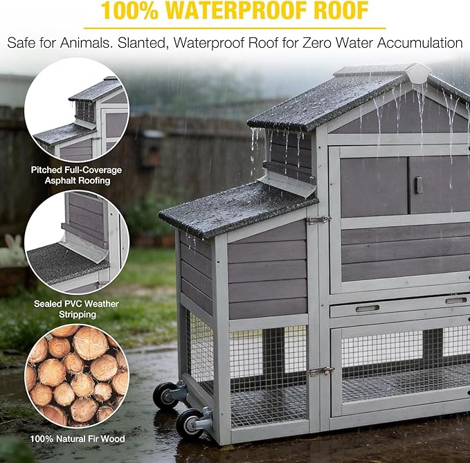 Aivituvin Large Chicken Coop with Wheels, Outdoor Hen House Mobile Poultry Cage with Run, Weatherproof Asphalt Roof, Sectionable Nesting Box, Leakproof Pull-Out Tray for 4-6 Chickens - Grey