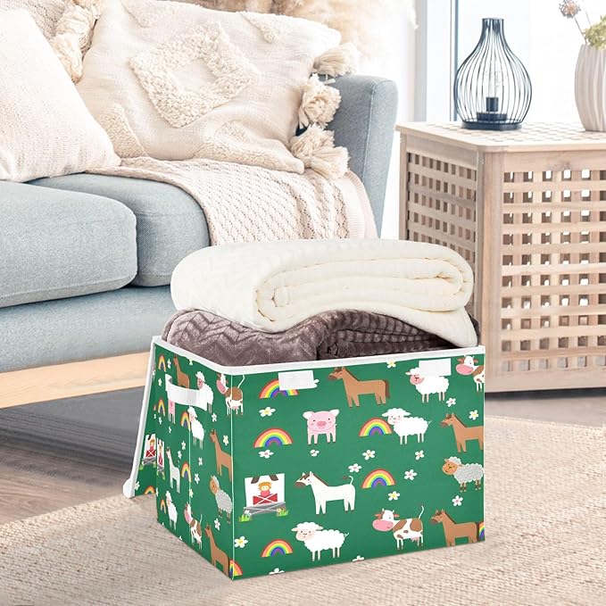 Storage Box Farm Animal Pattern Storage Bins with Lids, Larger Collapsible Fabric Storage Baskes with Handles for Living Room, Playroom, Bedroom, Nursery 16.5x12.6x11.8 Inch