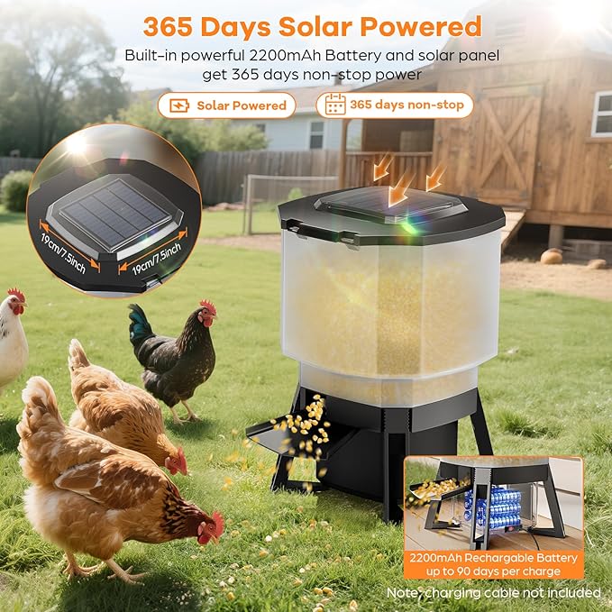 Automatic Chicken Feeder Solar Powered with Timer, 20lbs No-Waste & Rat Proof Poultry Feeder, Programmable Feeding Schedule, Adjustable Throw Distance