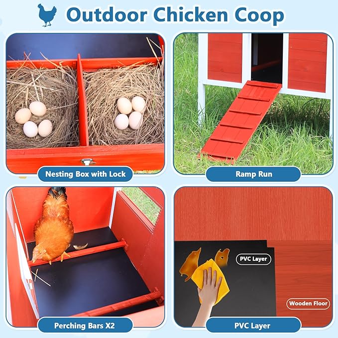 Chicken Coop Hen House Wooden Insulated Poultry Cage Rabbit Hutch with Nesting Box Asphalt Roof Pull-Out Metal Tray Elevated Legs Removable PVC Layer