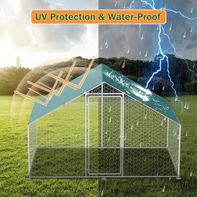 Vipbear Large Metal Chicken Coop Run with Immersed Wire Mesh, Chicken Coop for 8 Chickens Heavy Duty Chicken Run in for Yard with Waterproof Cover and Secure Lock,236'' L x 118''W x 77''H