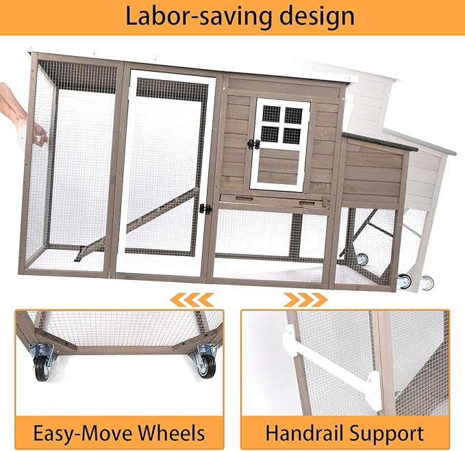 PetsCosset 75" Chicken Coop Backyard with Wheels Nesting Box Waterproof Removable Tray and Ramp Large Hen House for 1-4 Chickens