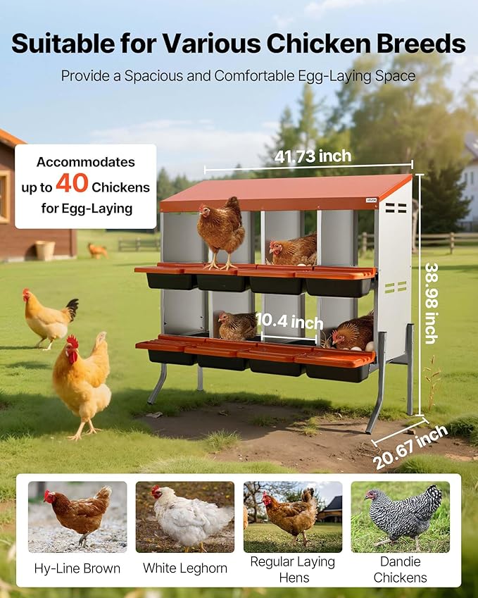 VEVOR Chicken Nesting Boxes, 8 Compartments, with Support Legs, Easy Egg Collection, Galvanized Steel and High-Strength Plastic, Roll Away Nesting Boxes for Chickens and Hens Laying Eggs, Orange