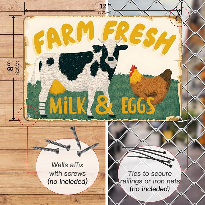 Vintage Metal Sign Farm Fresh Tin Sign Cow Chicken Milk and Eggs Rustic Decor Funny Metal Wall Art Painting Home Kitchen Farmhouse Ranch Zoo Cave Wall Decor Retro Decoration 12x8 Inch