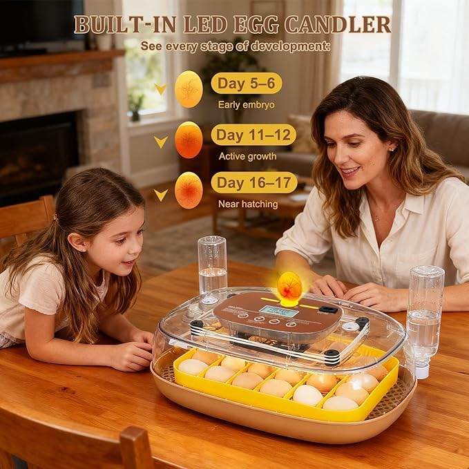 Series III - 24 Egg Incubator for Hobbyists, Full-Stage Adaptive Humidity (Dual-Bottle) & Temp Control, Custom-Interval Auto Turn & Auto Stop, Preset Incubation Days, Adjustable Egg Spacing