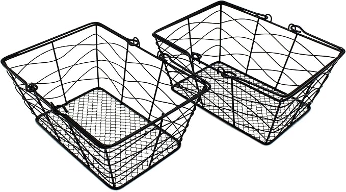 CVHOMEDECO. Metal Wire Fruit Baskets, Set of 2, Black, Rustic, Oval, Sturdy, Open Top, Powder Coated, Kitchen Hanging Baskets