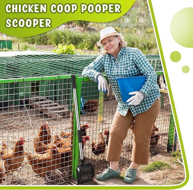 48 Inch Metal Chicken Coop Pooper Scooper (16 to 48 Inch) Long Handle Scooper with Detachable Stainless Steel Long Handle Gloves Accessory for Cleaning Chicken Coop(Black)