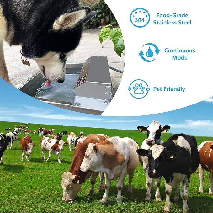 Automatic Chicken Water Dispenser Large 304 Stainless Steel Poultry and Livestock Waterer Heavy Duty Self Refilling Outdoor Water Bowl with Float Valve Installation Accessories and Cleaning Brush