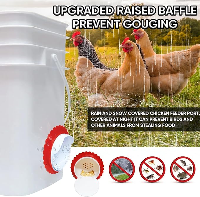 Chicken Feeders No Waste, DIY Rain-Proof Rodent Proof Automatic Poultry Feeder Port kit, Gravity Feeder with Lid has 4/6 Ports -1 Hole Saw Suitable for Buckets, Barrels, Bins, Troughs (White-4pcs)