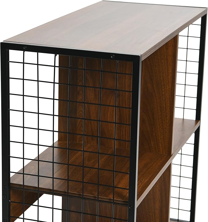 Household Essentials Trellis Open Storage Bookshelf with 4 Cube Compartments Mid Century Walnut Wood Grain and Black Metal