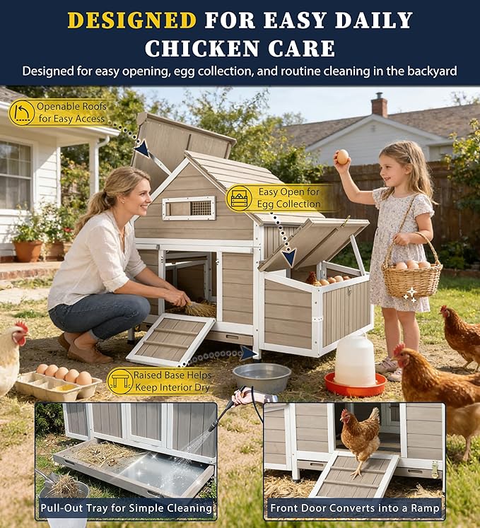 61" Large Outdoor Wooden Chicken Coop for 2– 6 Chickens Compact Backyard Weatherproof Hen House with Raised Floor, 6 Nesting Boxes, 3 Perches & Easy-Clean Slide-Out Tray