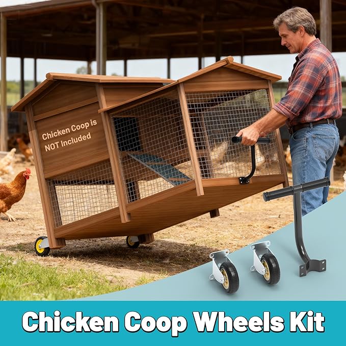 Chicken Coop Wheels Kit, 2 Pack 4" Fixed Caster Wheels & A Pull Handle, Fit for Mobile Chicken Cage, Chicken Tractor & Poultry House, Portable Chicken Coop Accessories, Easy to Use