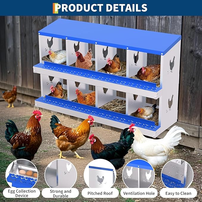 Chicken Nesting Box, 8 Compartments Laying Boxes for Chicken Hens Poultry Protect Eggs Chicken Coop Wall Mount Metal Nest Box for Chicken Coop