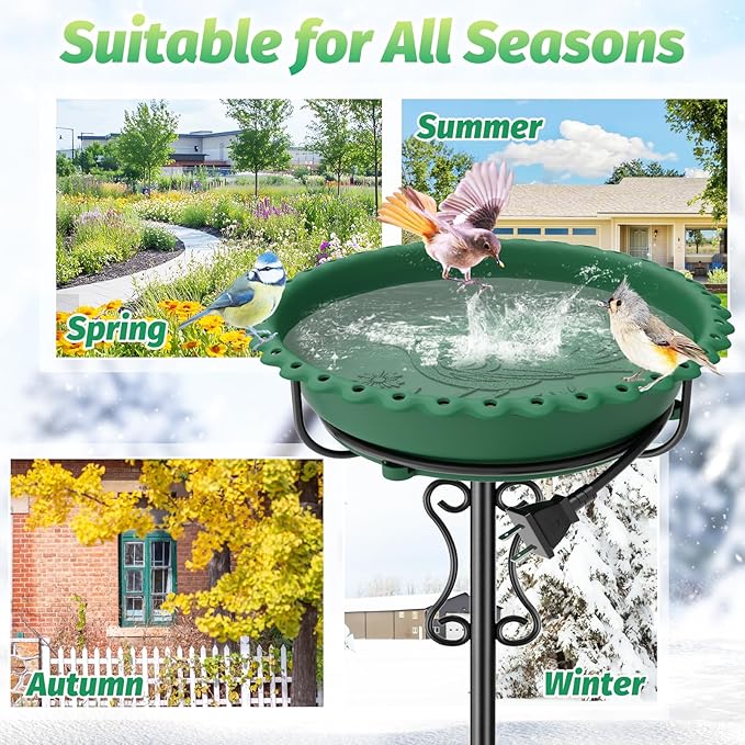 Heated Bird Bath for Outside Winter,100W Thermostat Control Birdbath Bowl with Metal 5-Prong Base,Freestanding Heated Bird Baths for Outdoors Garden Patio Yard Lawn (Green)