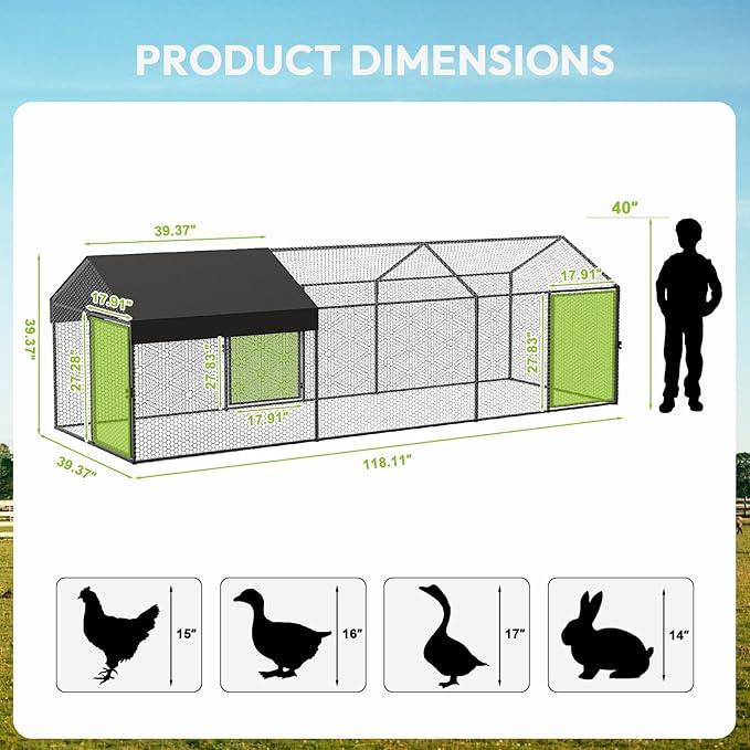 Large Metal Chicken Coop 120" L×40" W×40" H Heavy Duty Chicken Run Hen House with Waterproof Anti-UV Cover for Outdoor Chicken Pens with Chicken Swing