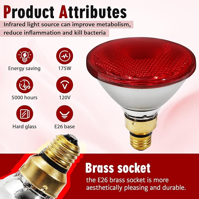 Heat Lamp, 175W Heat lamp Bulbs, PAR38 Infrared Heat lamp, Halogen Heat for Food Service, Brooder Bulb, Chicks, Pet, Bathroom, Light Therapy Use E26 Base, Flood Light Heat Lamp. 1 Pack